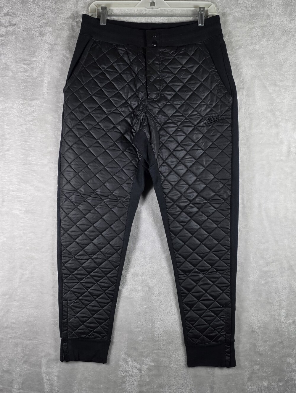 Nike Men Quilted Hybrid Fleece Joggers Medium Black Tapered Ankle Zip 678942 NWT